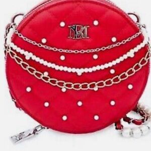 Red Quilted Women's Bag with Chain and Pearl Accents